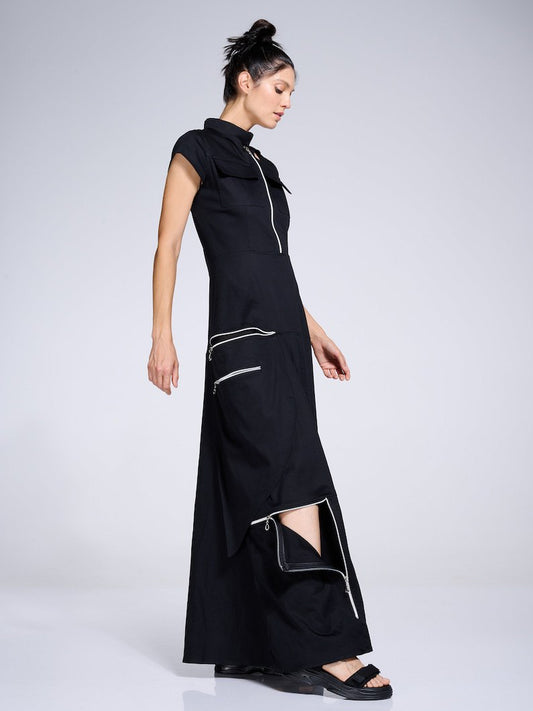 Extravagant Long Dress With Zippers / Black Short Sleeve Maxi Dress With Front Pockets