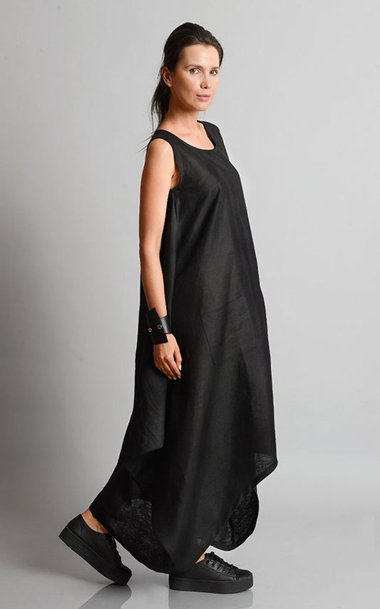 Black Maxi Dress/Plus Size Linen Dress/Asymmetric Black Kaftan/Linen Maxi Dress/Sleeveless Loose Dress/Oversize Black Dress/Summer Dress