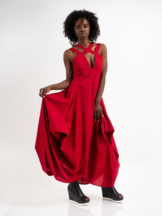 Long Elegant Red Dress / Asymmetric Draped Dress With Straps