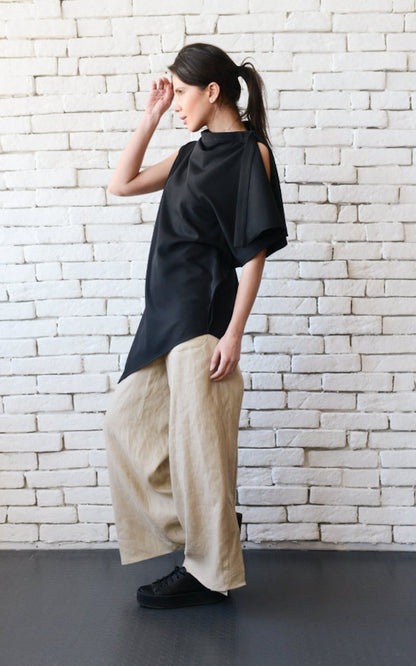 Beige Linen Pants / Summer Boho Pants / Fit and Flare Pants / Wide Leg Pants / Palazzo Pants / Loose Linen Trousers