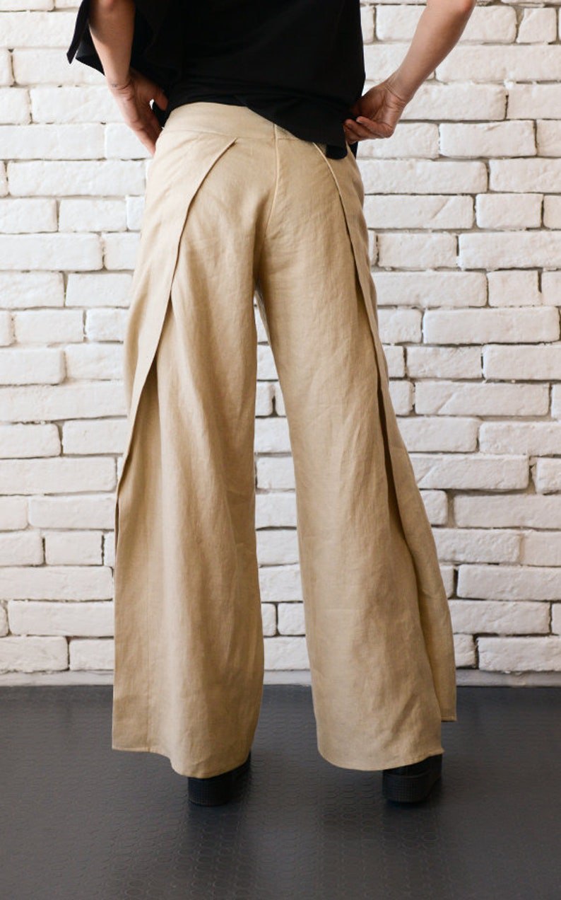 Beige Linen Pants / Summer Boho Pants / Fit and Flare Pants / Wide Leg Pants / Palazzo Pants / Loose Linen Trousers