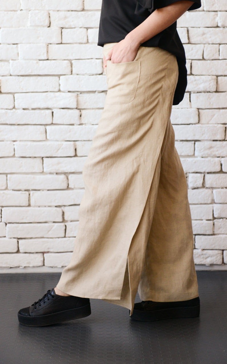 Beige Linen Pants / Summer Boho Pants / Fit and Flare Pants / Wide Leg Pants / Palazzo Pants / Loose Linen Trousers