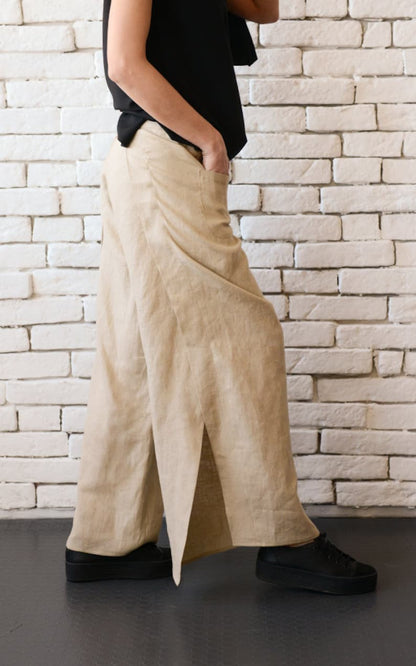 Beige Linen Pants / Summer Boho Pants / Fit and Flare Pants / Wide Leg Pants / Palazzo Pants / Loose Linen Trousers