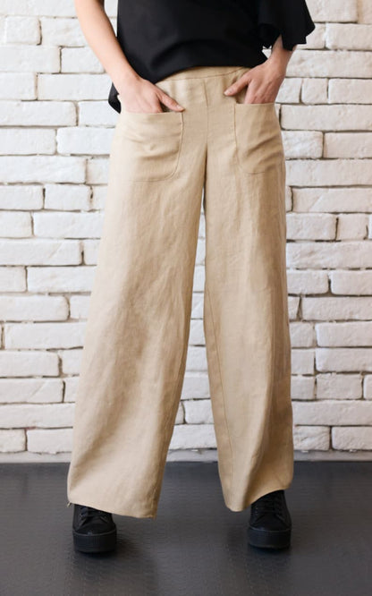 Beige Linen Pants / Summer Boho Pants / Fit and Flare Pants / Wide Leg Pants / Palazzo Pants / Loose Linen Trousers