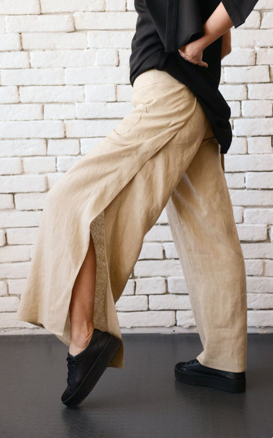 Beige Linen Pants / Summer Boho Pants / Fit and Flare Pants / Wide Leg Pants / Palazzo Pants / Loose Linen Trousers