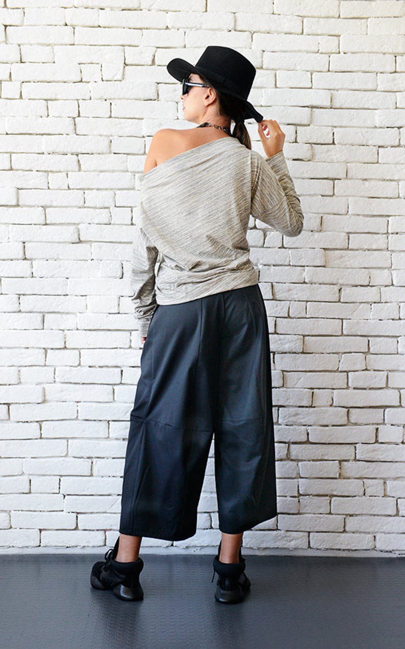 Black Loose Pants/Black Maxi Pants/3/4 Pants/Black Casual Capris/Wide Leg Trousers/Middle Ankle Pants/Oversize Black Pants