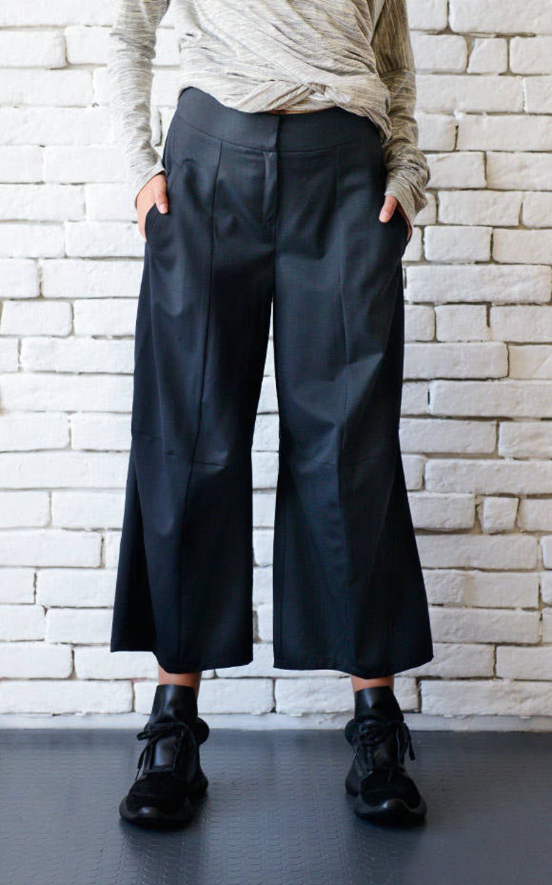 Black Loose Pants/Black Maxi Pants/3/4 Pants/Black Casual Capris/Wide Leg Trousers/Middle Ankle Pants/Oversize Black Pants