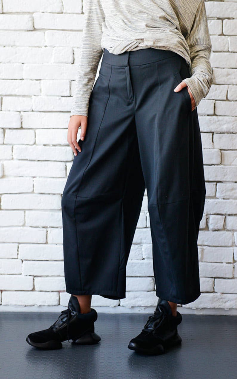 Black Loose Pants/Black Maxi Pants/3/4 Pants/Black Casual Capris/Wide Leg Trousers/Middle Ankle Pants/Oversize Black Pants