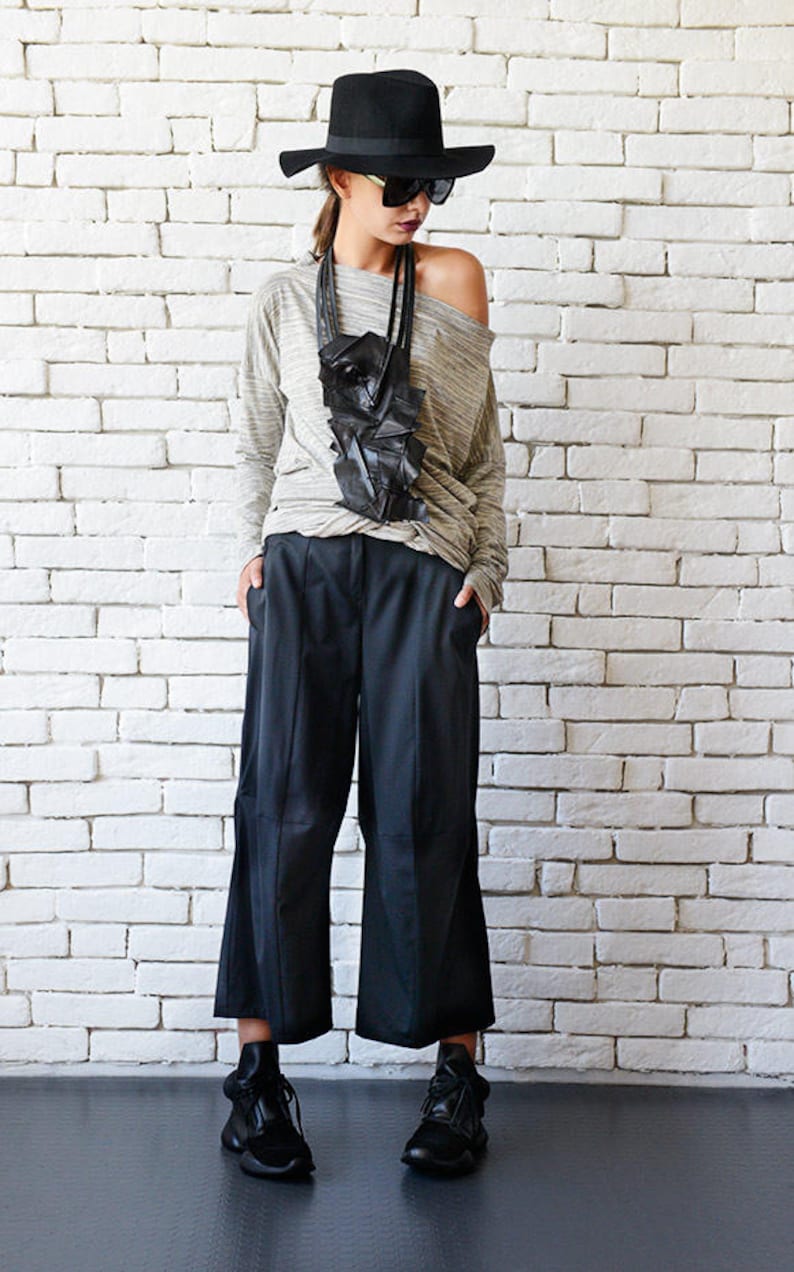 Black Loose Pants/Black Maxi Pants/3/4 Pants/Black Casual Capris/Wide Leg Trousers/Middle Ankle Pants/Oversize Black Pants