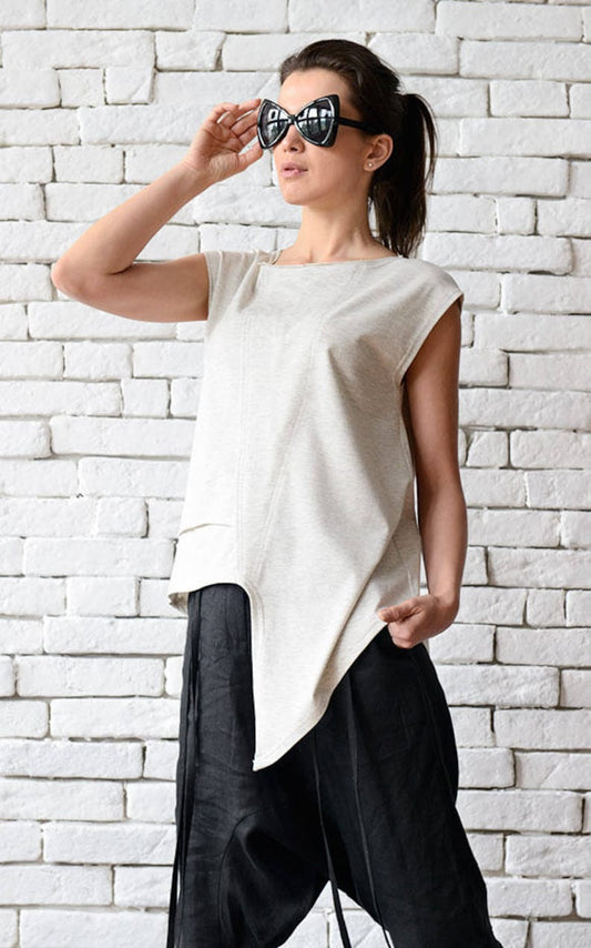 Off White Asymmetric Top/Extravagant Sleeveless Tunic/Light Grey Casual Vest/Modern Tail Top/Loose Tunic Top/Plus Size Sleeveless Shirt