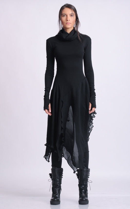 Long Asymmetric Black top/Extravagant Casual Tunic/Thumb Hole Sleeve Blouse/Black Chiffon Top/Avant Garde Black Blouse