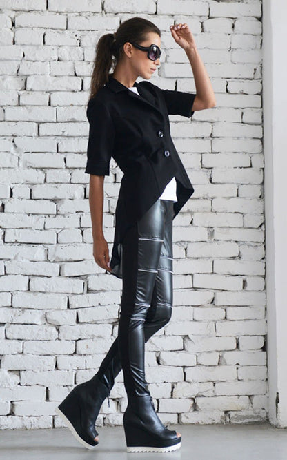 Black Asymmetrical Blazer/ Short Sleeve Coat / High Waisted Black Jacket / Formal Casual Coat