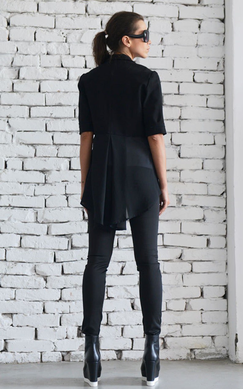 Black Asymmetrical Blazer/ Short Sleeve Coat / High Waisted Black Jacket / Formal Casual Coat